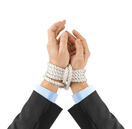 Bound hands isolated on white backgroundの写真素材