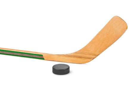Ice hockey stick and puck isolated on white backgroundの写真素材
