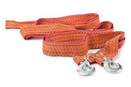 Car towing rope with metal hooks isolated on white background