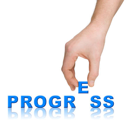 Hand and word Progress isolated on white background