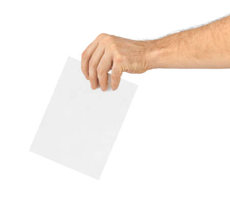 Hand with paper ballot isolated on white background