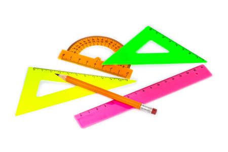 Multicolored rulers and pencil isolated on white backgroundの写真素材