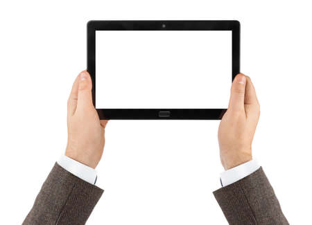 Hands with touchpad pc isolated on white background