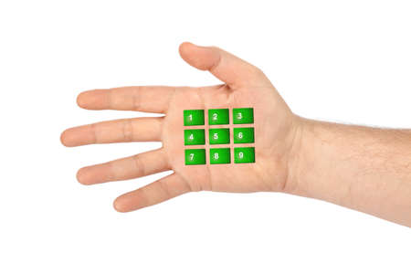 Hand with virtual phone buttons isolated on white background
