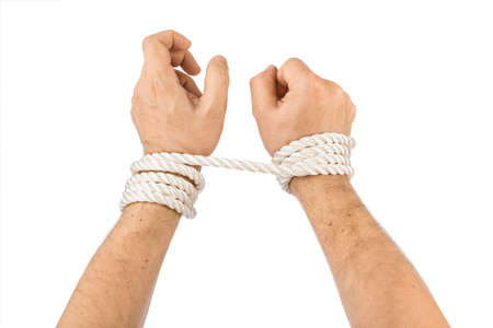 Bound hands isolated on white backgroundの写真素材