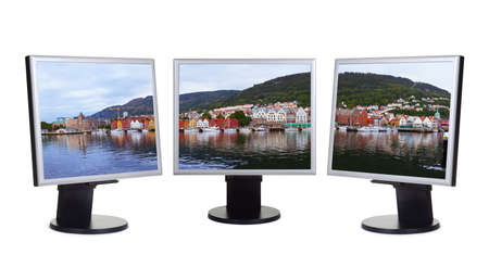 Panorama of Bergen Norway in computer monitors - isolated on white background