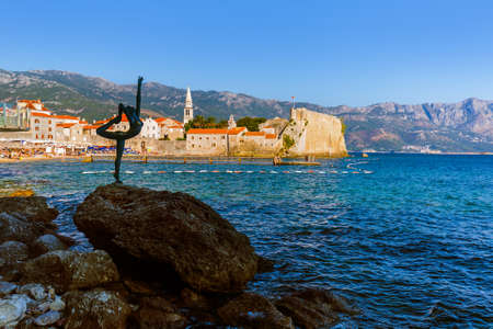 Dancer statue and Old Town in Budva Montenegro - architecture travel backgroundのeditorial素材