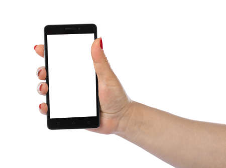 Hand with smartphone isolated on white background
