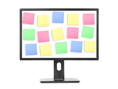Sticky Note Papers on computer screen isolated on white backgroundの写真素材