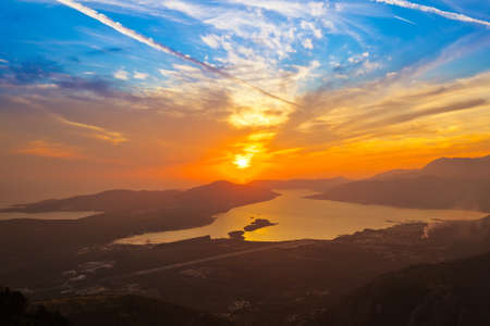 Kotor Bay on sunset - Montenegro - nature and architecture backgroundのeditorial素材