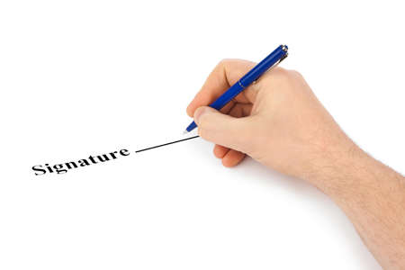 Hand with pen and contract isolated on white background