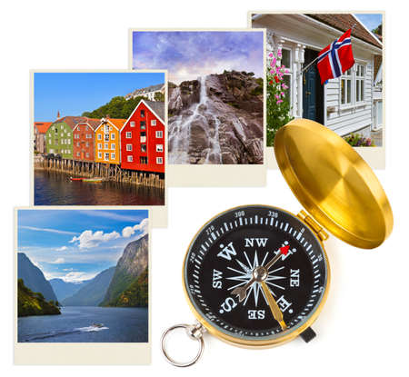 Norway travel images and compass - nature and architecture concept (my photos)