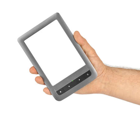 Hand with E-book reader isolated on white background