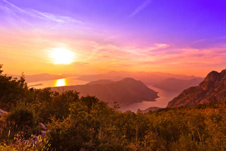 Kotor Bay on sunset - Montenegro - nature and architecture backgroundの写真素材