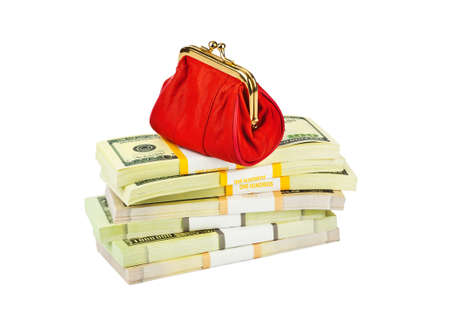 Red purse and money isolated on white backgroundの写真素材