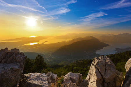 Kotor Bay on Sunset - Montenegro - nature and architecture backgroundの写真素材