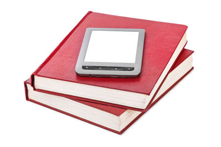 E-book reader and books stack isolated on white background