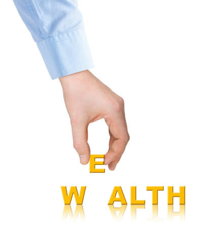 Hand and word Wealth isolated on white backgroundの写真素材