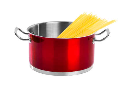 Spaghetti in pan isolated on white background