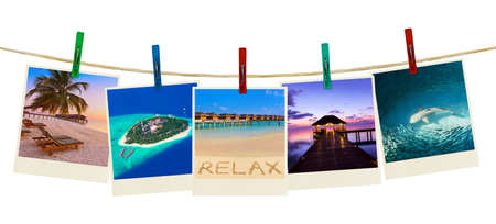 Maldives beach images (my photos) on clothespins isolated on white backgroundの写真素材