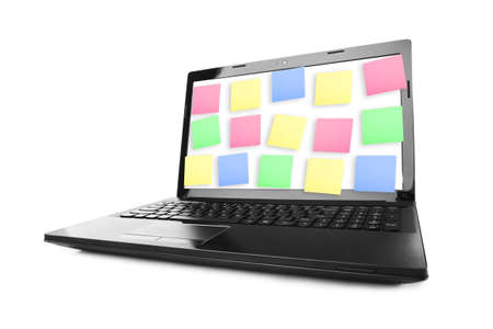 Sticky Note Papers on Notebook computer Screen isolated on white background