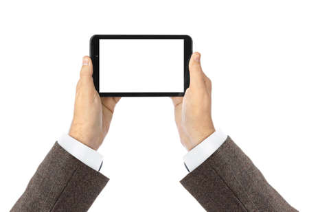 Hand with touchpad pc isolated on white backgroundの写真素材