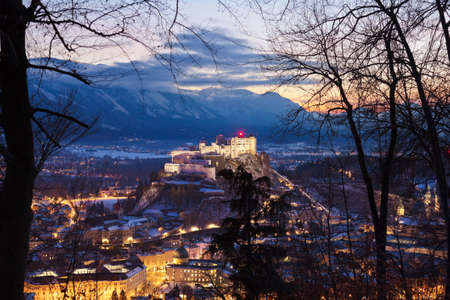 City and castle Hohensalzburg at sunset - Salzburg Austriaのeditorial素材