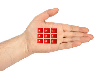 Hand with virtual phone buttons isolated on white backgroundの写真素材