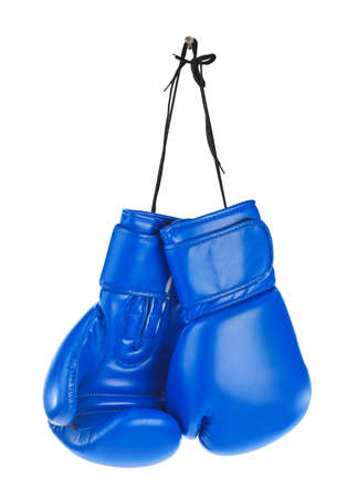 Hanging boxing gloves isolated on white backgroundの写真素材