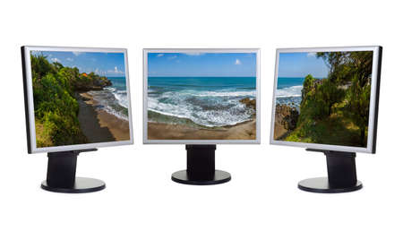 Bali Indonesia panorama on computer monitors - isolated on white backgroundの写真素材