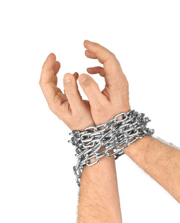 Hands and chain isolated on white backgroundの写真素材