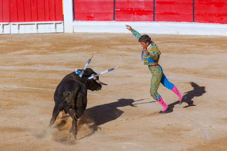 MOITA LISBON, PORTUGAL - SEPTEMBER 14: Matador and bull in tourada bullfight on September 14, 2016 in Moita Lisbon, Portugal.のeditorial素材