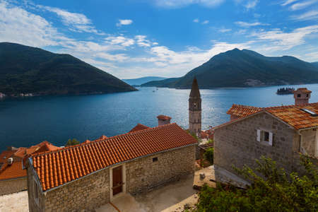 Village Perast on coast of Boka Kotor bay - Montenegro - nature and architecture backgroundのeditorial素材