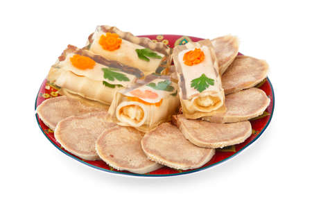 Jellied meat and ham isolated on white backgroundの写真素材