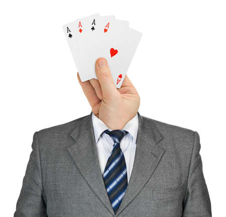 Hand with cards for head isolated on white backgroundの写真素材