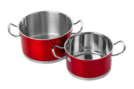 Red steel pans isolated on white backgroundの写真素材