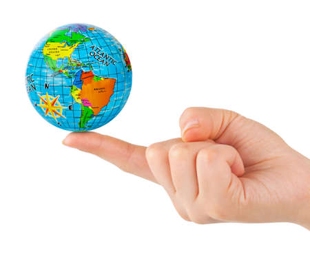 Hand and Earth isolated on white backgroundの写真素材