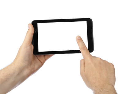 Hand with touchpad pc isolated on white background