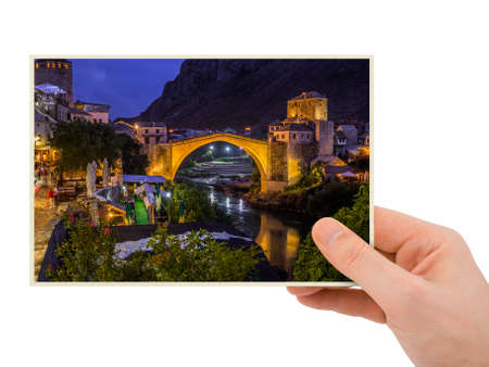 Hand and Mostar - Bosnia and Herzegovina  isolated on white backgroundの写真素材