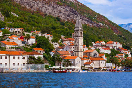 Village Perast on coast of Boka Kotor bay - Montenegro - nature and architecture backgroundのeditorial素材