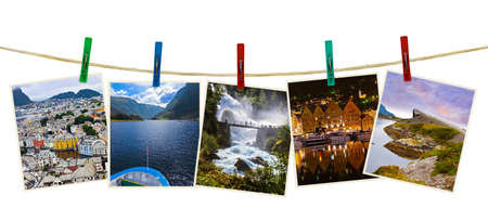 Norway travel photography on clothespins isolated on white background