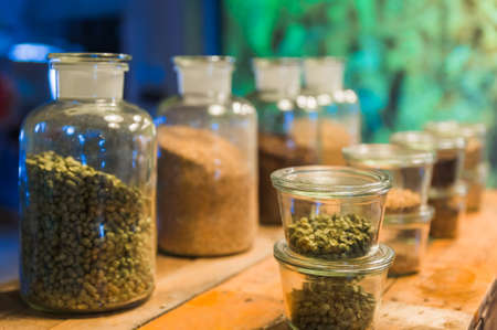 Beer ingredients in bottles - brewery in Belgiumのeditorial素材