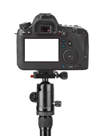 Camera on tripod isolated on white background