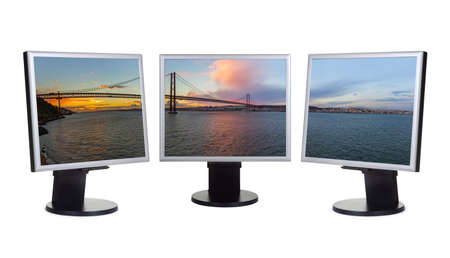 Lisbon panorama in Portugal (my photo) on computer monitors - isolated on white background