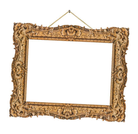 Old wooden picture frame hanging on a rope isolated on white background