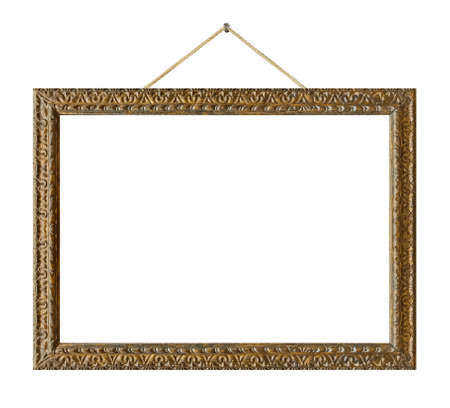 Old wooden picture frame hanging on a rope isolated on white backgroundの写真素材