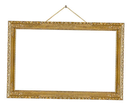 Old wooden picture frame hanging on a rope isolated on white backgroundの写真素材