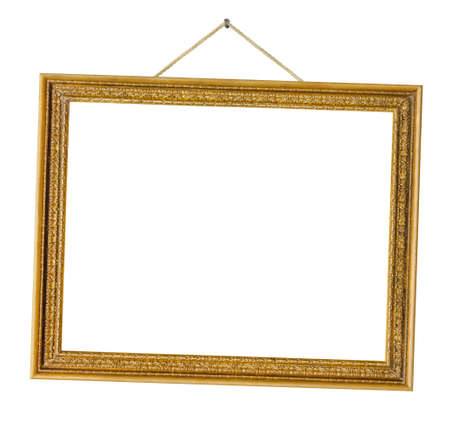 Old wooden picture frame hanging on a rope isolated on white backgroundの写真素材