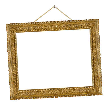 Old wooden picture frame hanging on a rope isolated on white backgroundの写真素材