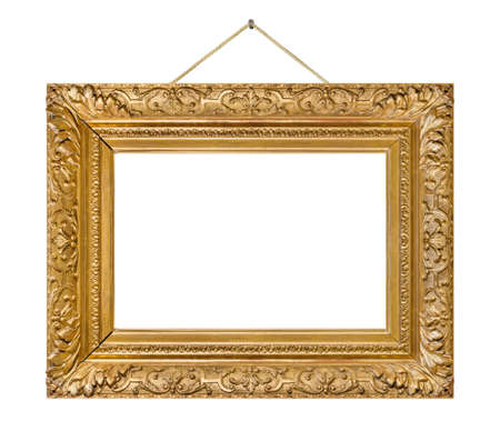 Old wooden picture frame hanging on a rope isolated on white background